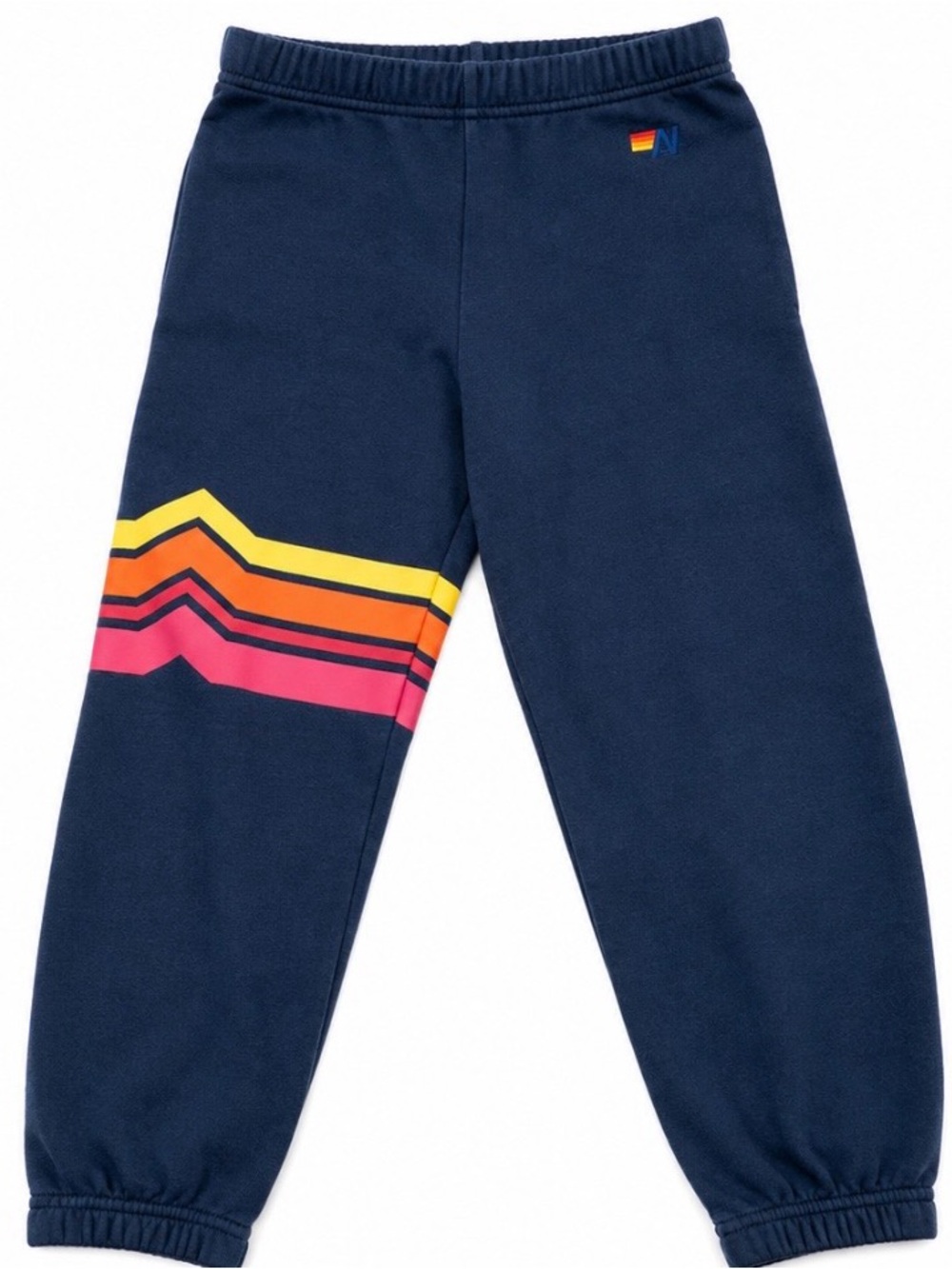 Aviator Nation Navy Sweatpants with Yellow Orange Pink Stripe